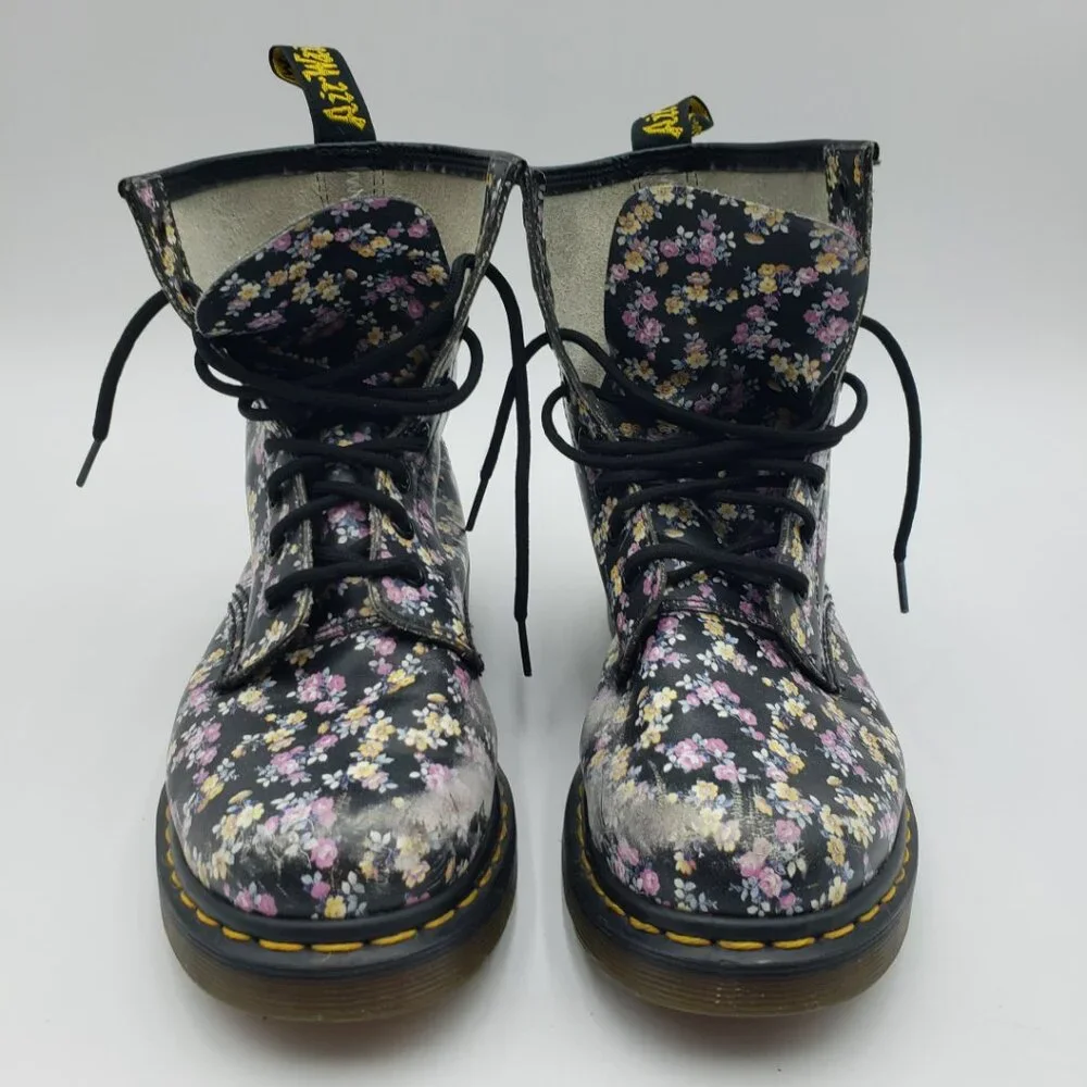 Dr. Martens Floral High Top Boots 8 Womens Docs Leather Lace Up Purple - Picture 8 of 11